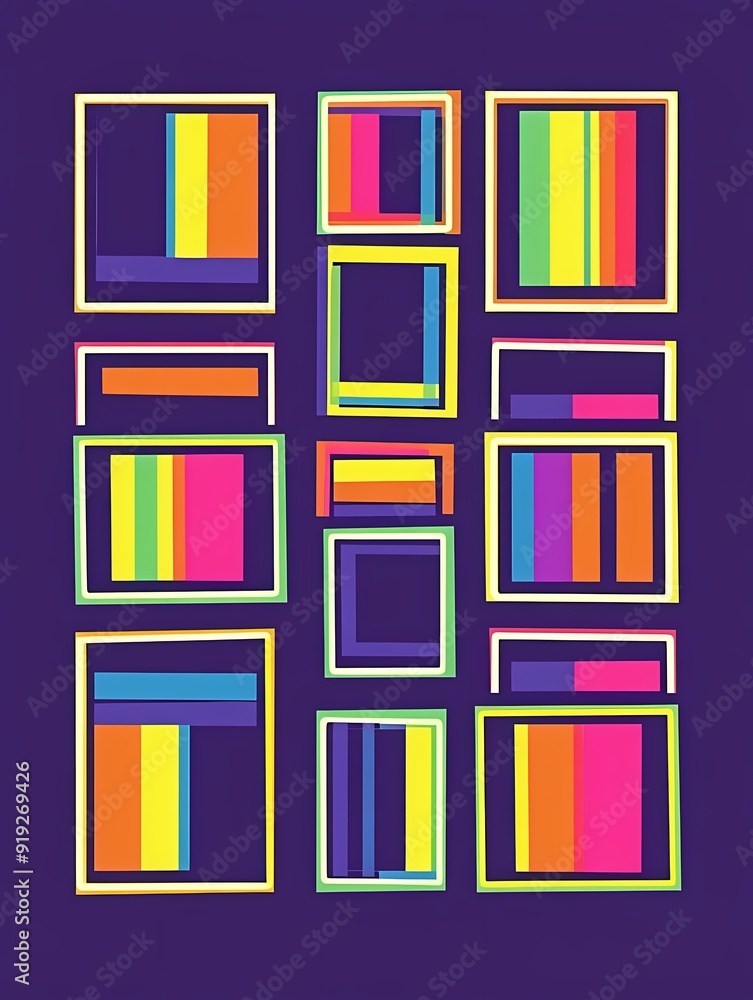 Poster abstract geometric pattern with colorful stripes and squares.