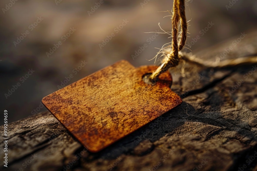 Poster a tag hangs from a wooden pole with rustic texture