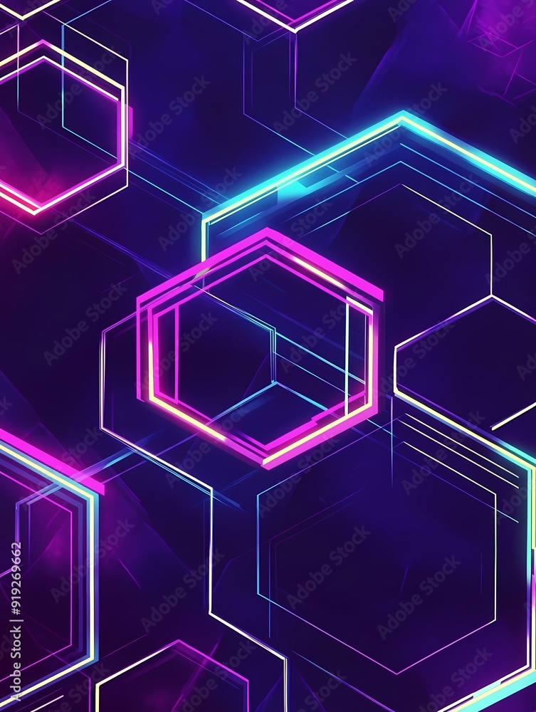 Poster abstract neon hexagon pattern with glowing lines and vibrant colors on a dark background.