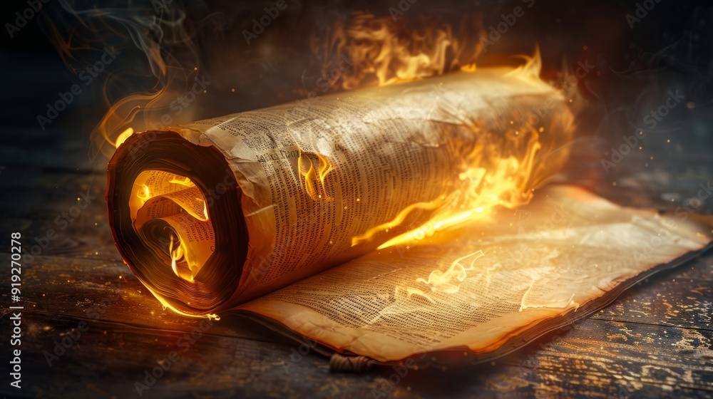 Poster burning scroll on a wooden surface with flames engulfing the text during a dark atmospheric setting