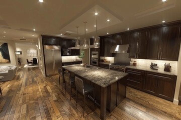 Obraz premium Modern Kitchen with Granite Island and Dark Cabinets