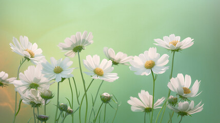 Fototapeta premium Spring daisies - White flowers on a green background. Banner illustration on a light background. AI Generation.