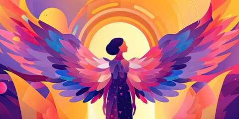 Obraz premium Woman with wings stands in bright colors.