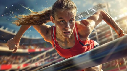 Determined Female Athlete Sprinting Over Hurdles in 400m Event