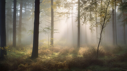 Obraz premium Mystical Forest at Dawn - Quiet forest landscape with golden sun rays.AI Generation.