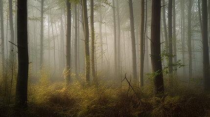 Obraz premium Mystical Forest at Dawn - Quiet forest landscape with golden sun rays.AI Generation.