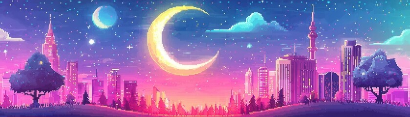 Naklejka premium Night cityscape with crescent moon, stars and purple sky