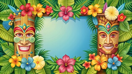 A colorful, ornate tiki frame adorned with tropical flowers, leaves, and patterns, surrounding a blank space for a personalized photo or message.