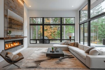Fototapeta premium Cozy living room with large windows showcasing forest scenery, white walls, grey brick fireplace, modern sofa set, neutral rug, and bright lighting, capturing a serene home decor.