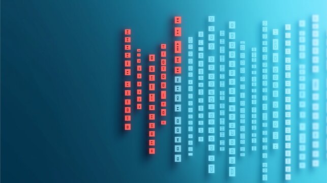 Abstract data visualization with red and blue blocks on gradient background.