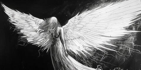A black and white drawing of an angel with large