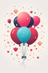 Colorful birthday card template featuring balloons and hearts in a whimsical design