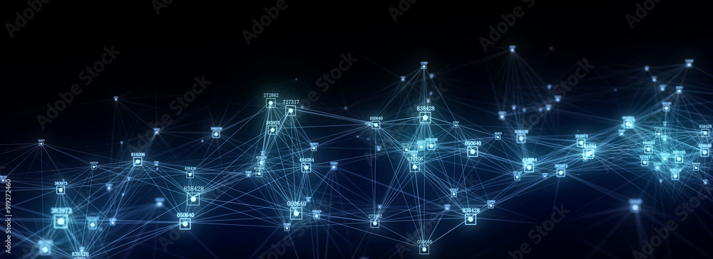 Poster Futuristic backdrop. Network connection structure cyberspace with moving particles and numbers. Big data visualization. Abstract cyber security background in database. 3D rendering.