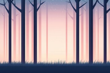 Silhouette of trees in a mystical forest at sunrise.