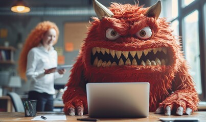 workplace harassment concept with monster standing behind colleague in office.