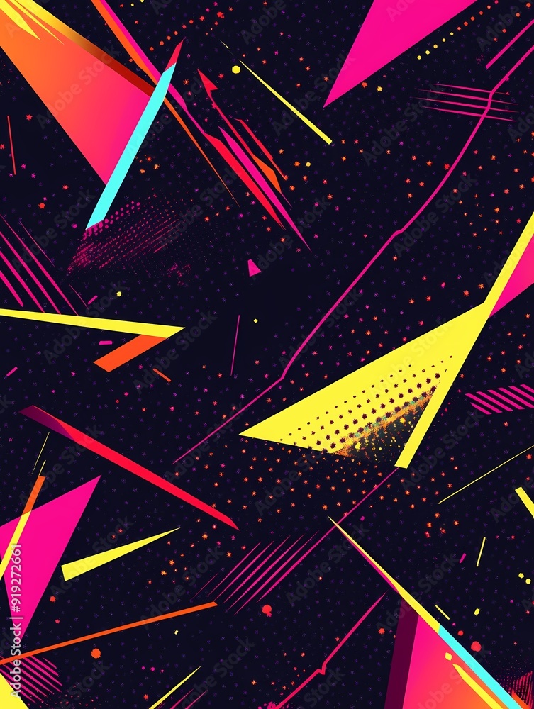 Poster seamless pattern with geometric shapes in neon colors on a dark background.