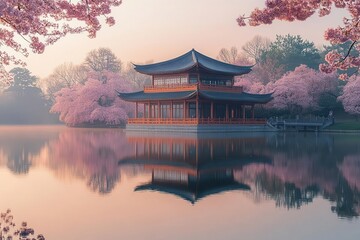 Obraz premium serene lakeside pavilion at golden hour traditional asian architecture reflected in still water surrounded by blooming cherry trees