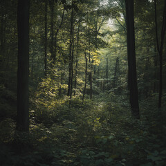 Obraz premium shaded lush green forest woodlands