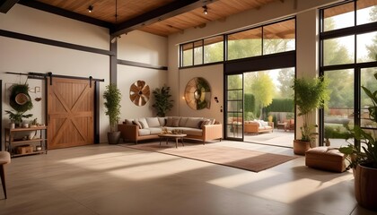 Lowering shot of a unique modern rustic industrial living space featuring high ceilings, with a large patio garage door partially closing, revealing a mix of wooden and metal elements in the decor, an