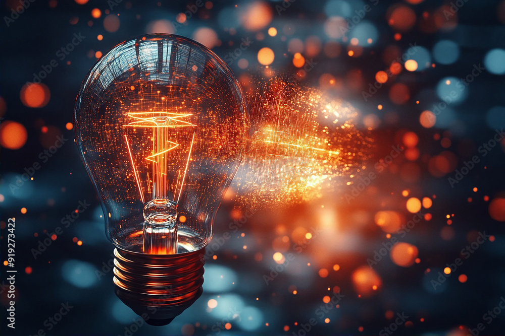 Poster glowing retro light bulb on bokeh background. 3d rendering