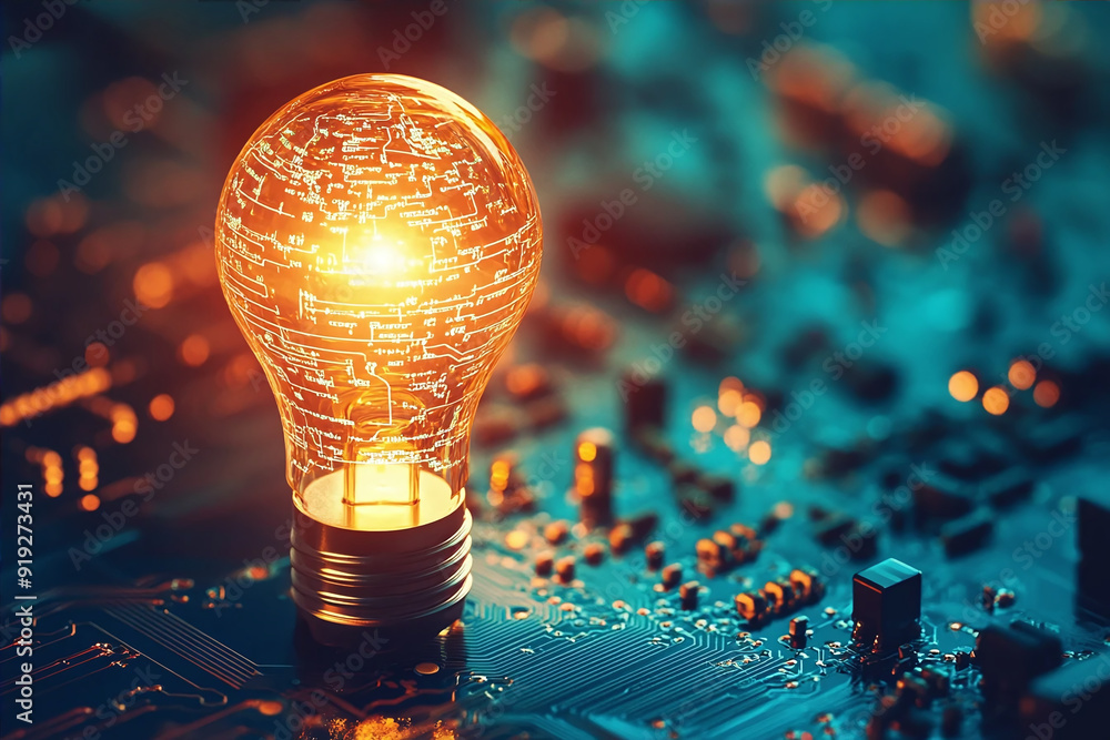 Poster light bulb on computer circuit board. technology and innovation concept. 3d rendering