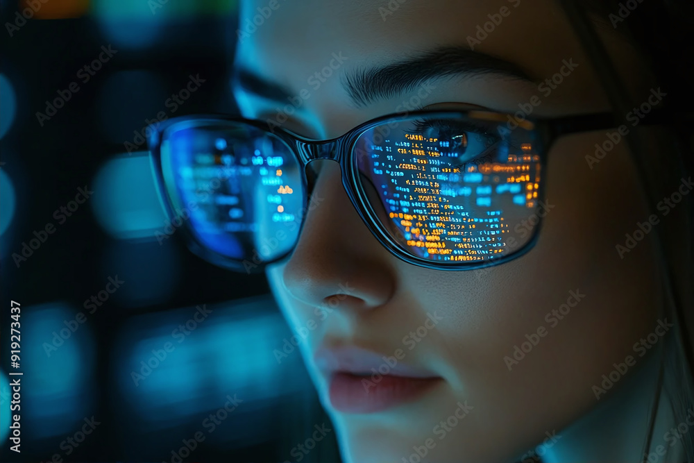 Poster portrait of a girl in glasses with the program code on the screen.