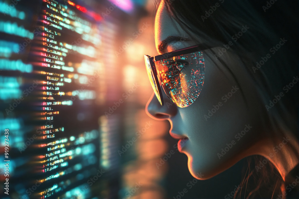 Poster portrait of a beautiful girl in glasses and with a computer program code on the screen.