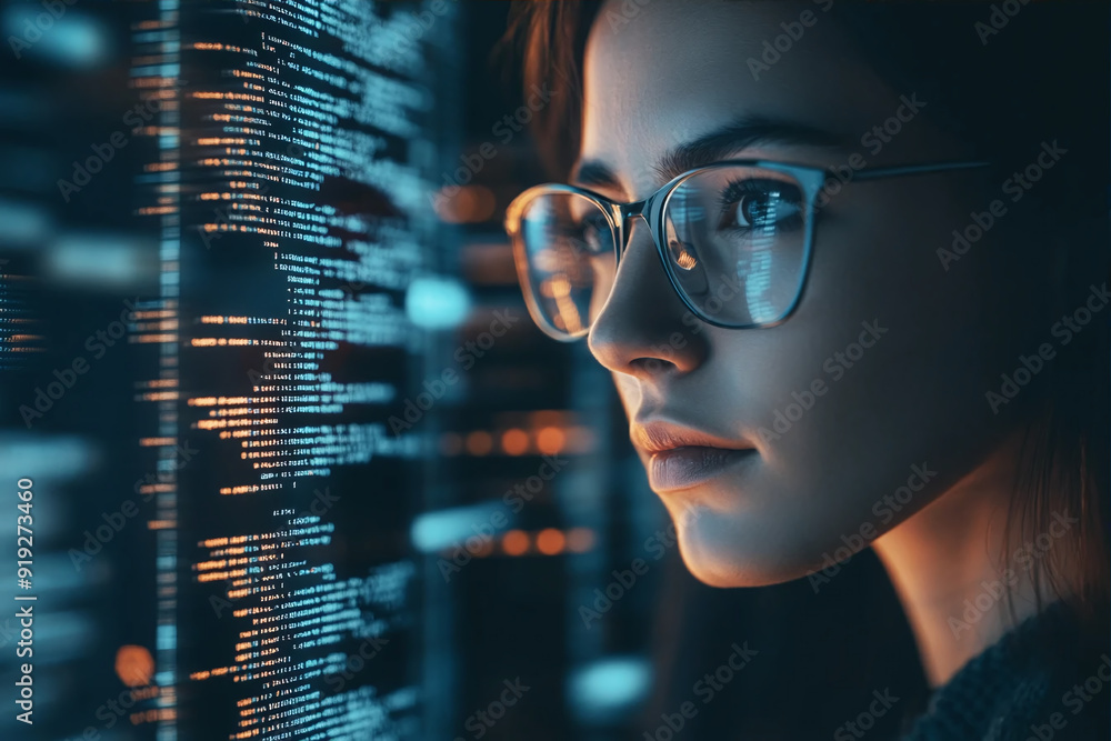 Poster portrait of a young caucasian woman wearing glasses and looking at the screen of a computer with a b