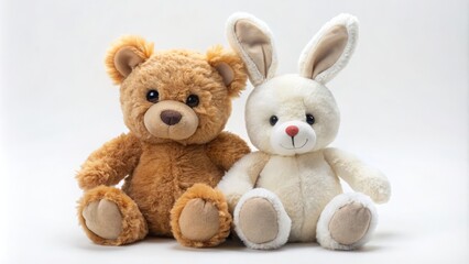 Obraz premium Adorable plush bear and rabbit dolls sit together on a soft, white background, showcasing friendship and companionship in a heartwarming, whimsical scene.