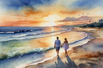 Fototapeta premium Watercolor illustration of a serene beach scene with a couple walking along the shore, balanced composition, sunset lighting, detailed background