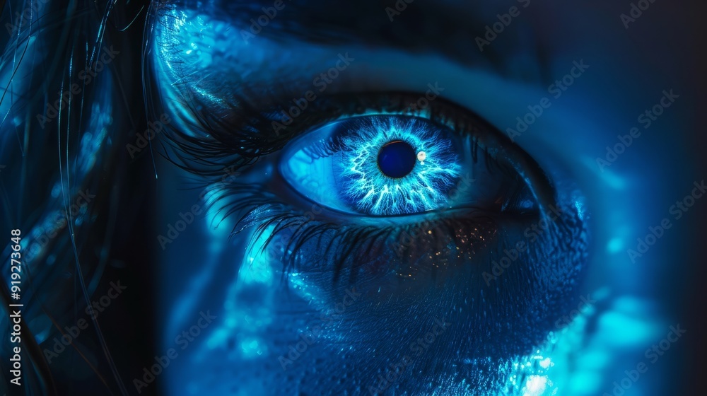 Poster close-up of a glowing blue eye with intricate patterns in a dark, immersive setting