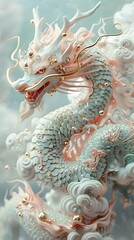 Obraz premium Chinese dragon on clouds with gold ornament and jewels poster background