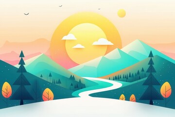A colorful landscape illustration with a winding road leading towards a mountain range and a vibrant sunrise.