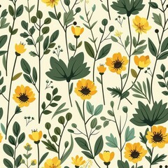 Minimalist floral pattern featuring yellow flowers and green leaves on a light background