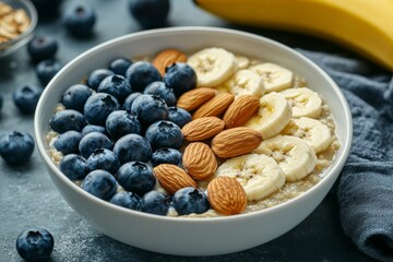 A wholesome breakfast bowl of oatmeal topped with fresh blueberries, banana slices, and almonds, offering a nutritious and delicious start to the day.