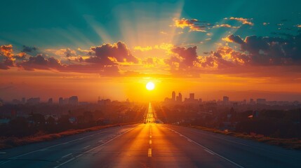 Vibrant sunset over a city skyline with a long road under a colorful sky
