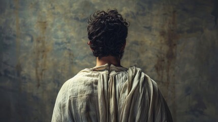 Naklejka premium A contemplative figure in a simple robe stands against a textured wall, captured in soft light