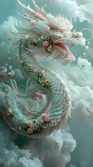 Naklejka premium Chinese dragon on clouds with gold ornament and jewels poster background