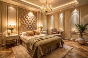 Luxurious private room in an aesthetic salon features a comfortable bed with plush pillows and blankets, surrounded by calming beige walls and soft lighting.