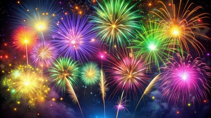 Naklejka premium Vibrant colorful fireworks explode in the dark night sky, filling the atmosphere with radiant bursts of pink, green, blue, and yellow sparkling lights.