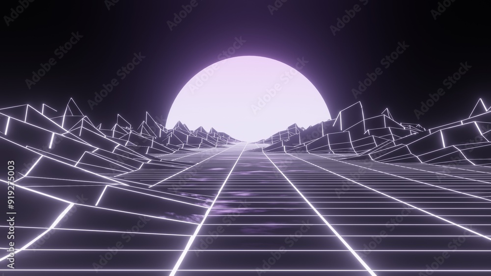 Poster technology perspective grid with mountain retro landscape background. futuristic cyber surface 80s -