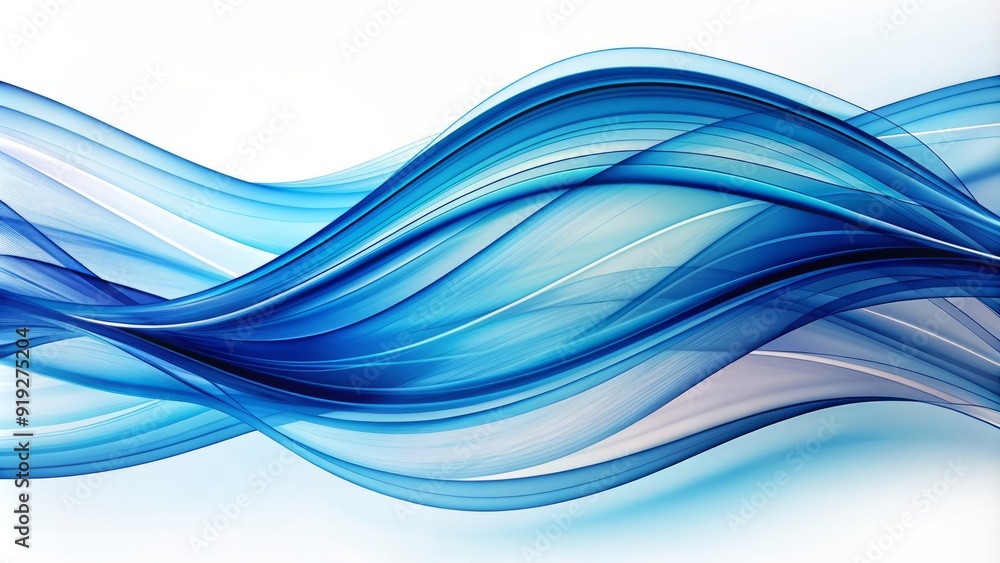 Poster vibrant blue abstract wavy patterns undulate across a pure white background, evoking a sense of dyna