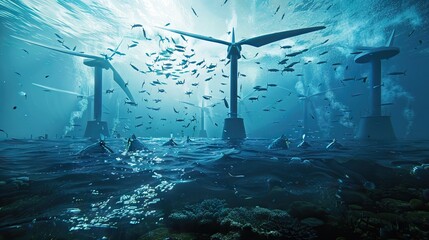 Underwater turbines offer ecofriendly energy in coral reefs, promoting innovation and conservation. AI generated illustration