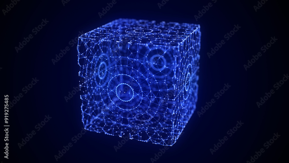 Poster Space futuristic cube. Network connection structure cyberspace with moving particles and lines. Blockchain cube. Big data visualization. Abstract cyber security background. 3D rendering.