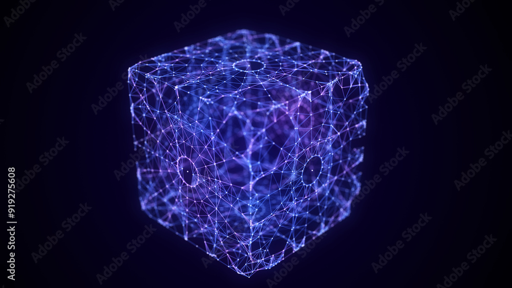 Poster Space futuristic cube. Network connection structure cyberspace with moving particles and lines. Blockchain cube. Big data visualization. Abstract cyber security background. 3D rendering.