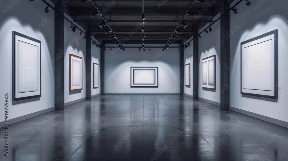Poster empty art gallery with unfilled frames under spotlights in a modern space