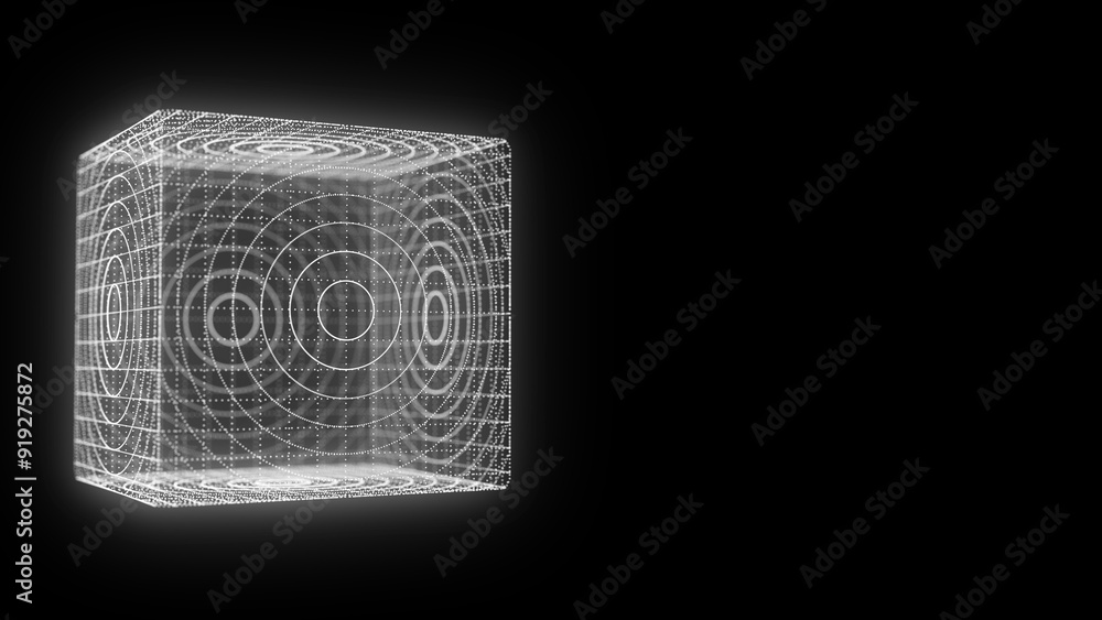 Poster Space futuristic cube. Network connection structure cyberspace with moving particles and lines. Blockchain cube. Big data visualization. Abstract cyber security background. 3D rendering.