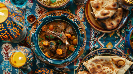 a flavorful Moroccan dinner, featuring a tagine with lamb and apricots, couscous, and flatbread, all set on a colorful, patterned tablecloth with decorative lanterns and mint tea