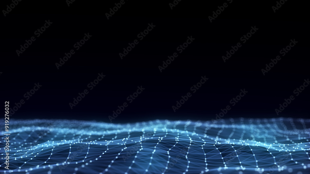 Poster digital technology wave. dark cyberspace with motion dots and lines. futuristic digital background. 