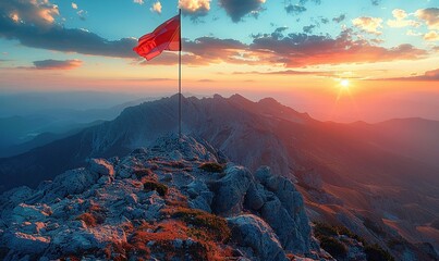 majestic flag flowing in the wind on mountain top at sunset destination goals,overcoming difficulties concepts.